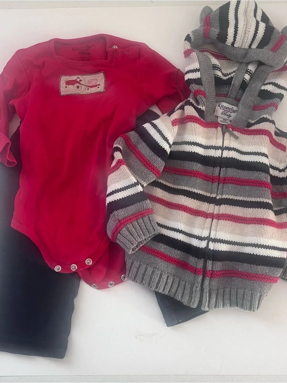 Hartstrings Baby Boy 3 Piece Set Striped Sweater, Wagon Shirt, Black Pants 12m